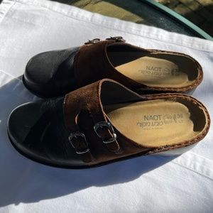 Naot Leilani Suede Leather Double Buckle Clogs EU 38 Women US 7 Brown, Black